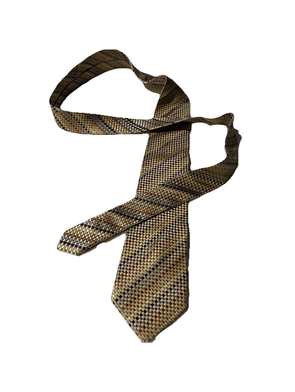 Handmade Silk Tie Gold Bronze Geometric Basketweave Textured Formal EUC - Picture 2 of 8